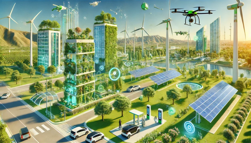 A vibrant, futuristic illustration showcasing eco-tech innovations and green technologies. The image features advanced solar panels, sleek wind turbin