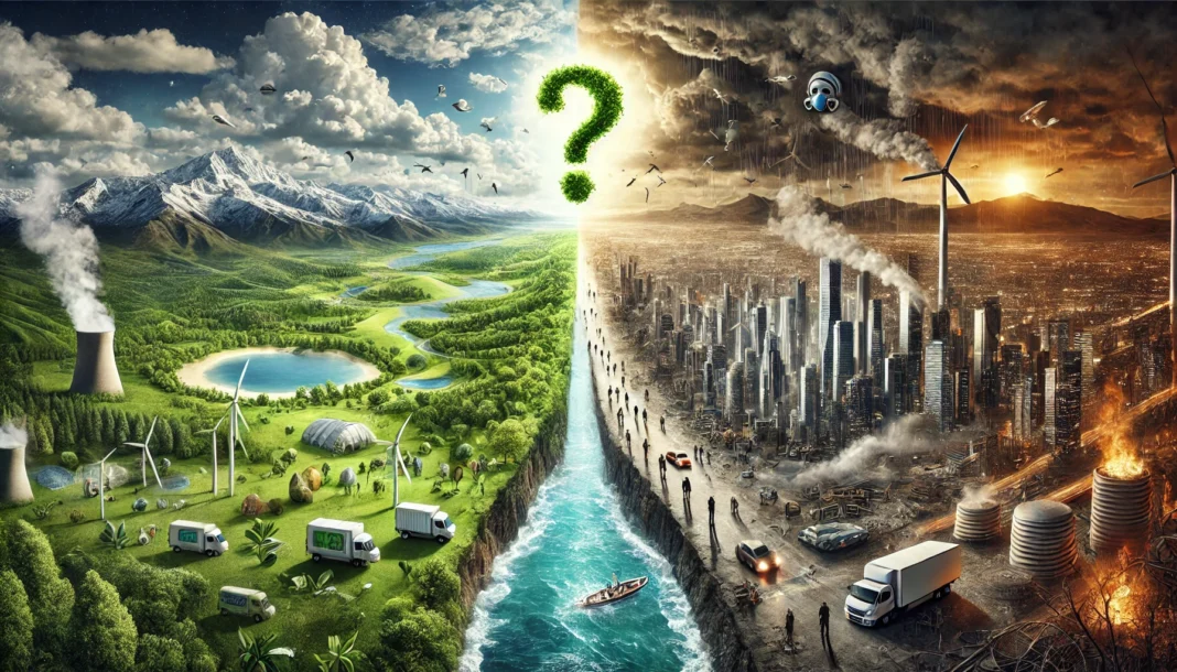 A thought-provoking depiction of climate change and humanity's uncertain future. Show a futuristic landscape split into two contrasting sides_ one sid