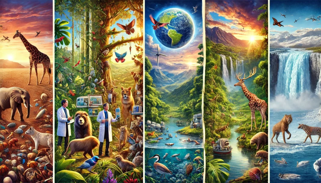 A set of five highly detailed images representing themes of Conservation Techniques, Biodiversity, Climate, Nature, and Natural Disasters. Each image