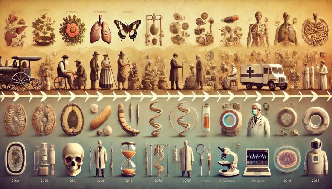 A detailed visual timeline showing the evolution of modern medicine from ancient practices to present-day technology. The image starts on the left wit