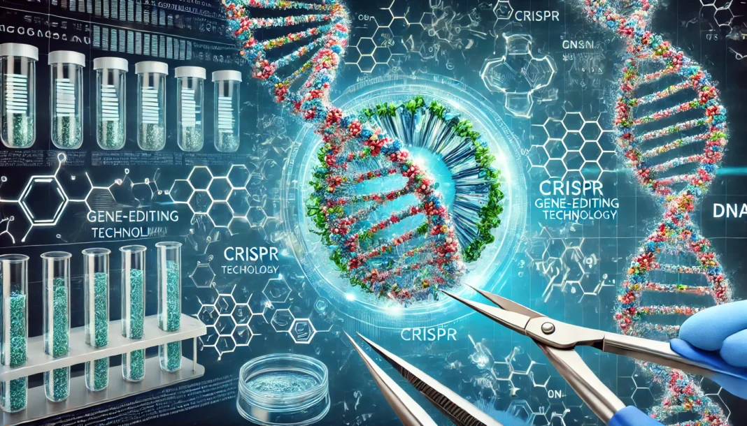 A detailed illustration of CRISPR gene-editing technology. Show a scientific scene with DNA strands being precisely edited using CRISPR technology. In