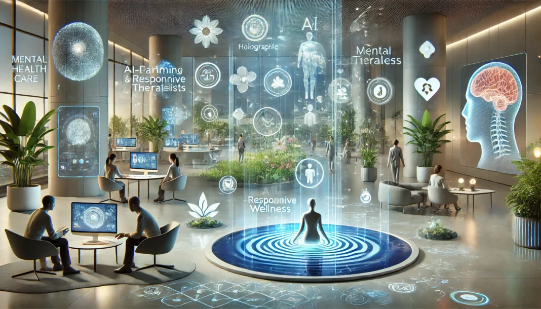 A futuristic vision of mental health care, showing advanced technology supporting mental wellness. The scene features holographic displays, AI-powered