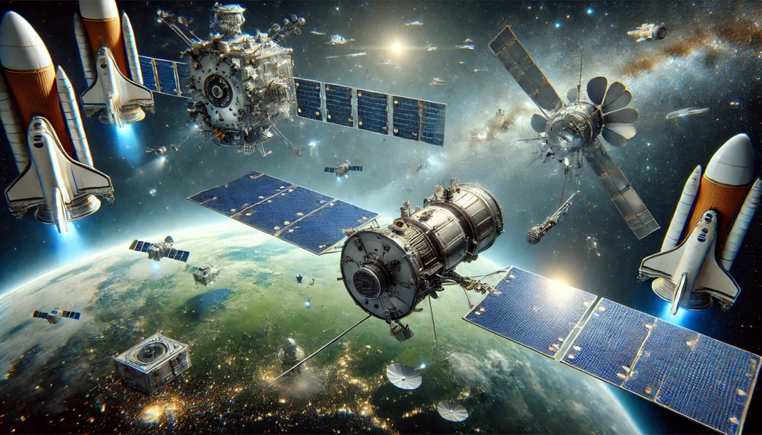 A futuristic scene highlighting space missions, satellite technology, and spacecraft design. In outer space, a large, state-of-the-art satellite with