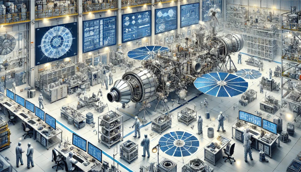 images depicting the intricate process of designing and engineering spacecraft, showcasing various stages from conceptual design to assembly and testing in a high-tech facility. Let me know if you’d like further adjustments!