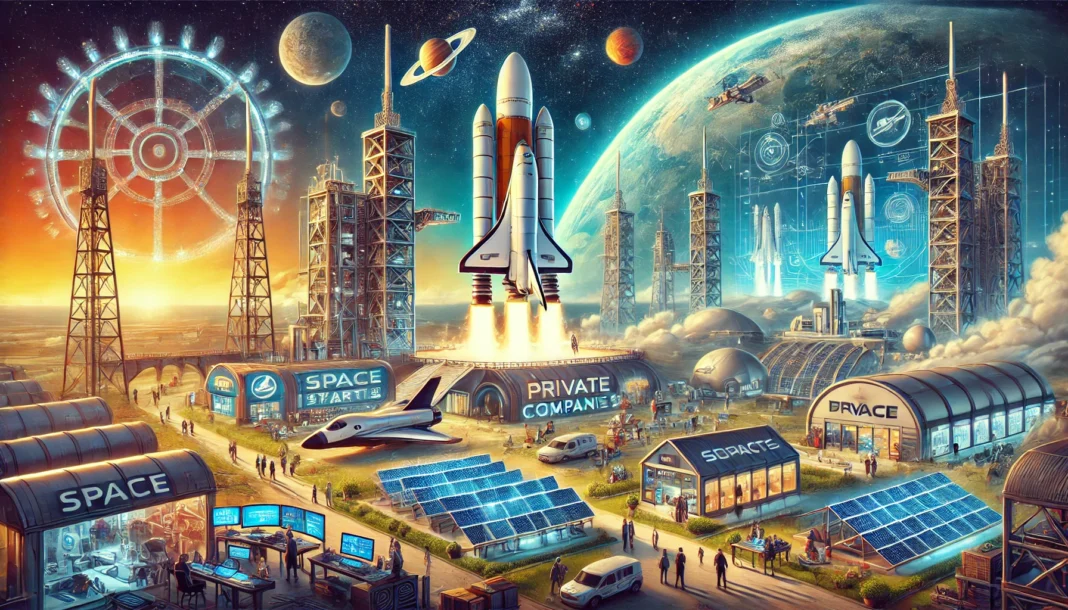 A futuristic illustration depicting the rise of space startups and private companies. Show a dynamic spaceport with sleek, modern rockets preparing fo