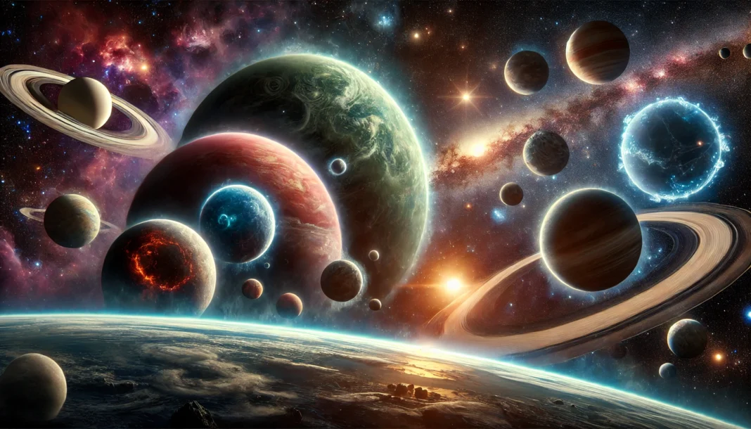 A breathtaking depiction of planets beyond our solar system in deep space. The scene features diverse alien planets with unique colors, textures, and