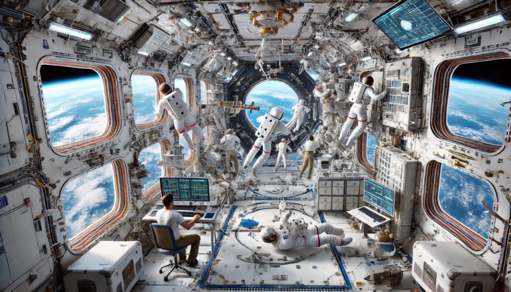 life aboard the International Space Station, showing astronauts at work, using specialized equipment, and floating in a microgravity environment with a stunning view of Earth.