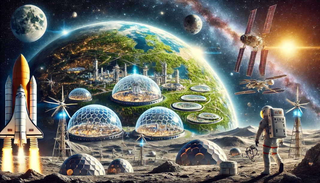 A grand vision of space colonization as humanity's next frontier. The scene features advanced space colonies on the surfaces of the Moon and Mars, and