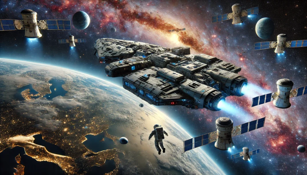 A highly detailed scene of space exploration beyond Earth, showcasing a futuristic spaceship gliding through deep space with distant galaxies and colo