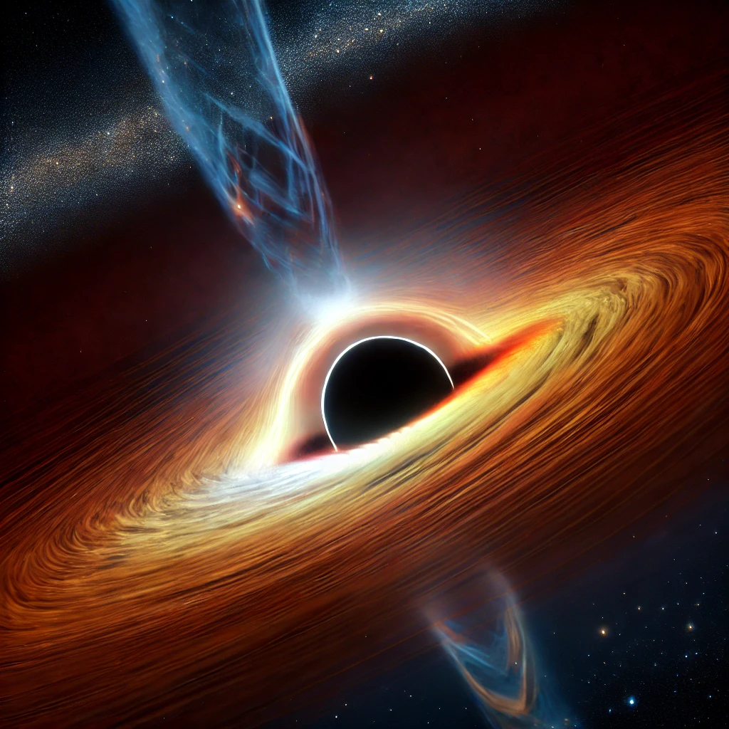 a black hole with a glowing accretion disk, swirling gas, and gravitational lensing effects creating a surreal and dynamic view of space