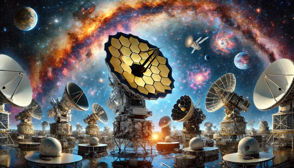  images of modern space telescopes in action, capturing celestial phenomena with distant galaxies and stars in the background