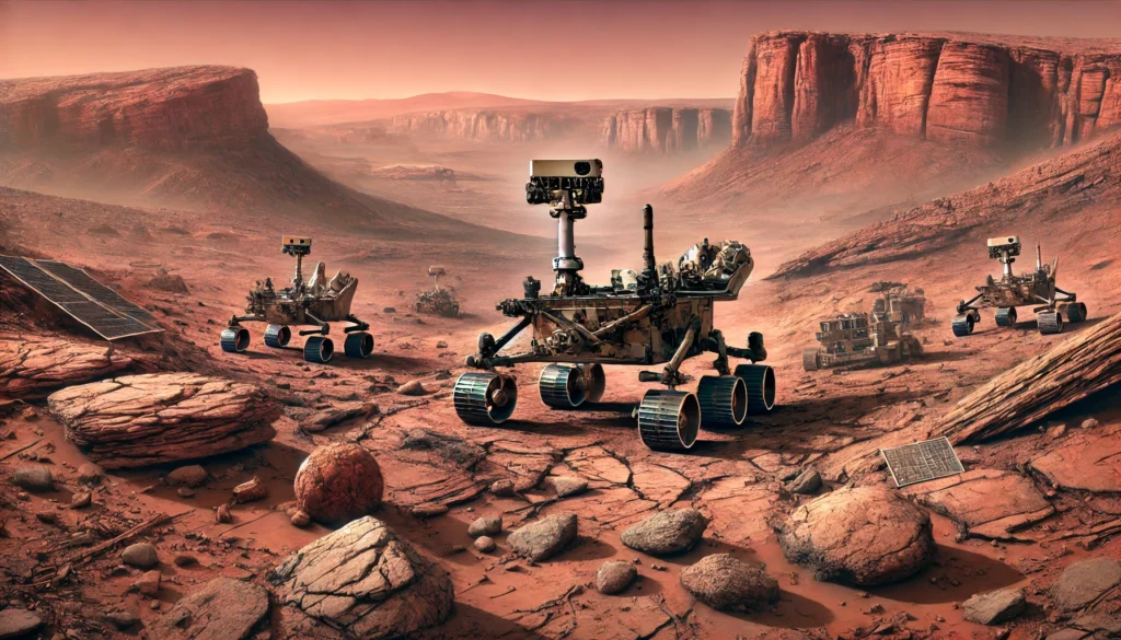 Mars rover missions actively exploring the Martian terrain, with features such as robotic arms collecting samples and examining rocks under the characteristic Martian sky