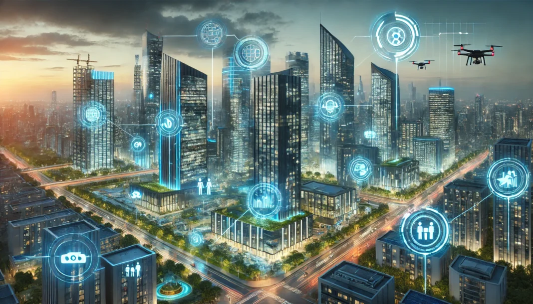 A modern smart city skyline with visible digital networks and technology indicators showing interconnected systems