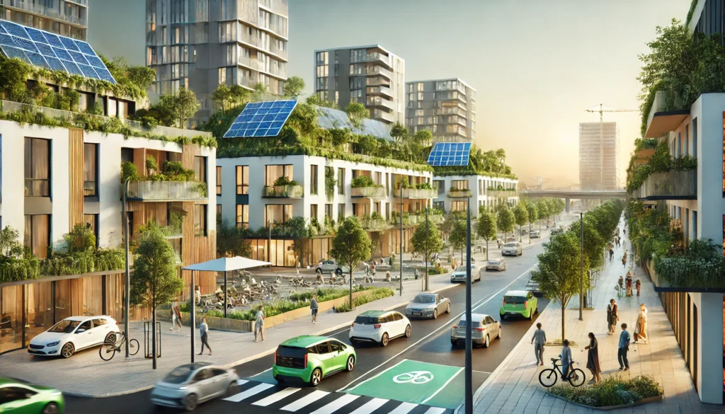  an eco-friendly urban neighborhood featuring green rooftops, solar panels, and electric vehicles in a vibrant, sustainable setting. Let me know if you'd like any adjustments!