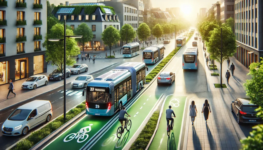 public transport in a sustainable city, showcasing electric buses, dedicated bike lanes, and a clean, eco-friendly urban environment. Let me know if you'd like further customization!