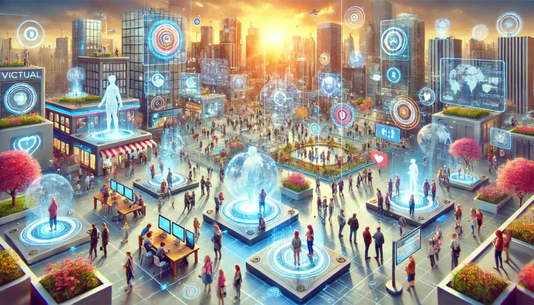 A detailed digital illustration of a futuristic virtual society with people interacting in a fully immersive virtual world. This society is connected