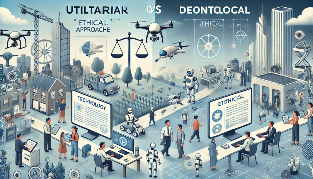 A conceptual illustration of Utilitarian and Deontological ethical approaches in technology. On the left side, show the Utilitarian approach_ a high-t