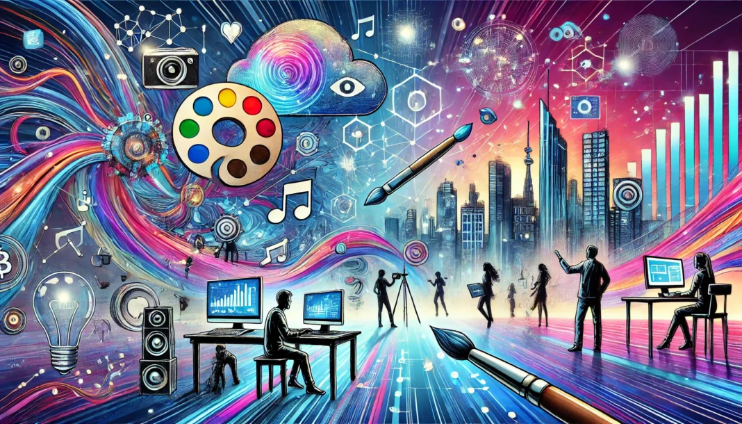 A dynamic illustration capturing the concept of the Creative Economy and Digital Revolution. A vibrant digital landscape with interconnected people