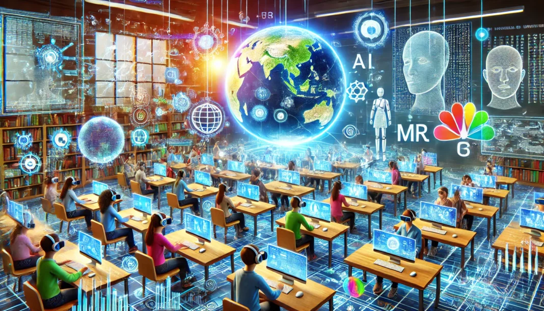 An image illustrating how AI, Virtual Reality (VR), and Machine Learning (ML) are transforming education worldwide. The scene features a futuristic cl