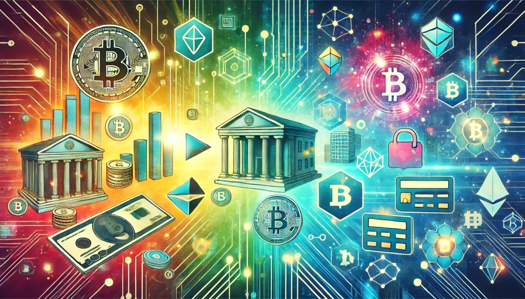 A vibrant, futuristic illustration showing the transformation of finance through digital currency and fintech. In the image, symbols of traditional fi