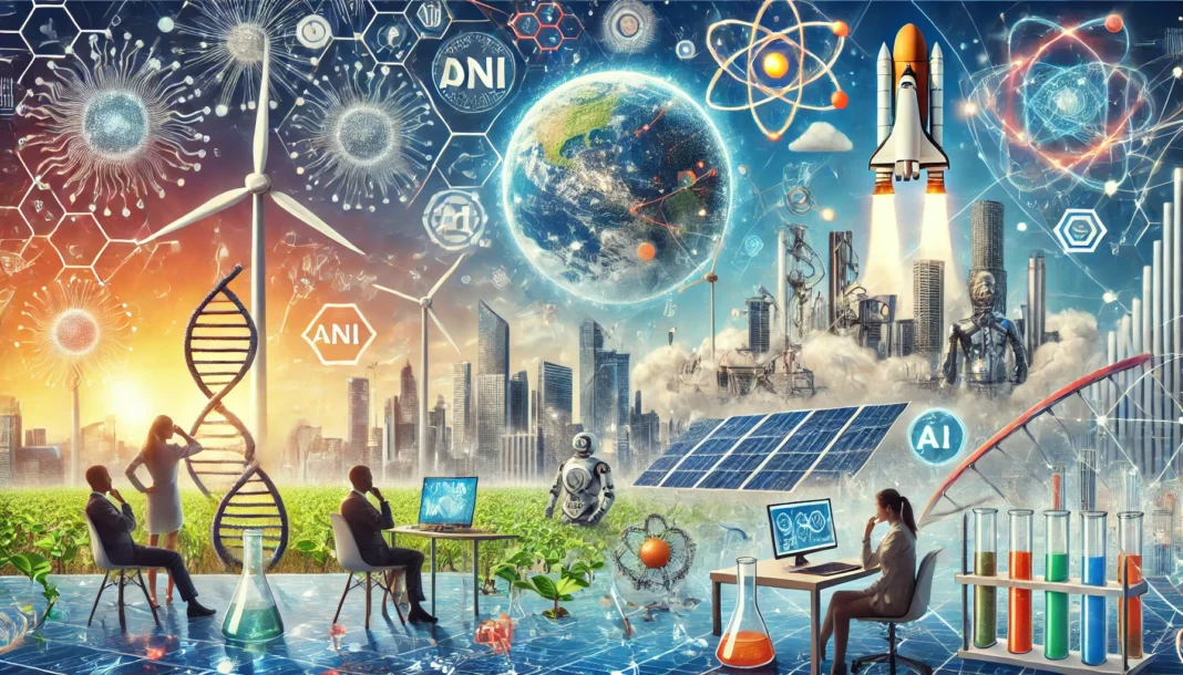 A dynamic image depicting the rise of emerging industries such as renewable energy, biotechnology, artificial intelligence, and space exploration. The