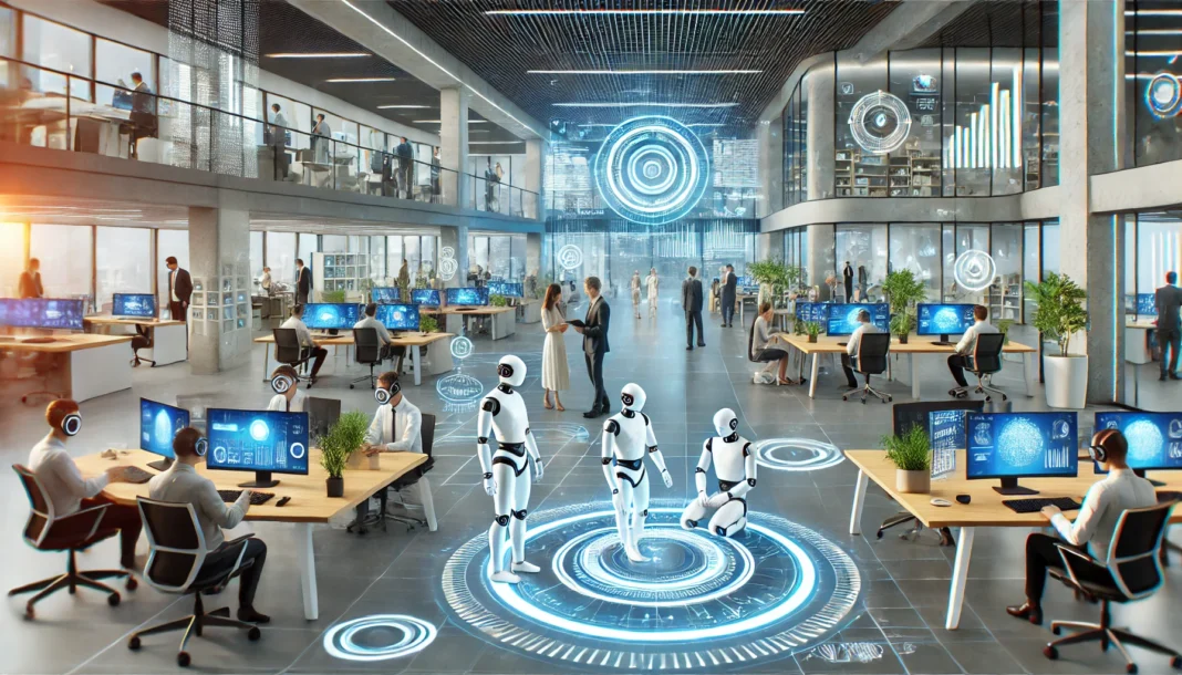 A futuristic office space with people and AI-driven robots working side by side, holographic screens displaying data, and people collaborating in a di