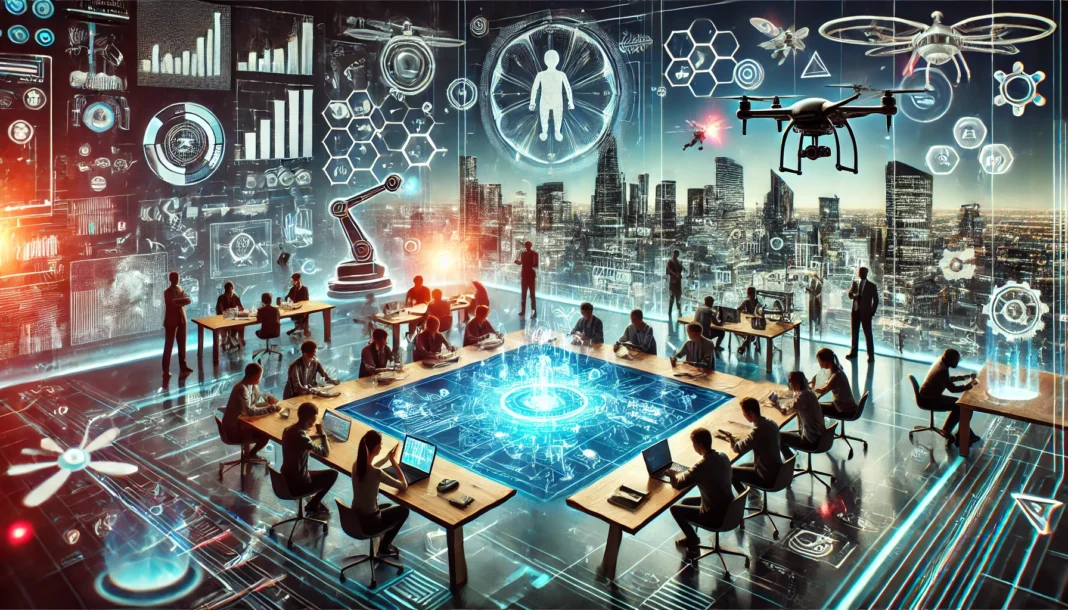 A futuristic workspace filled with technology and creative elements, symbolizing innovation and startup culture. In the center, a group of diverse peo