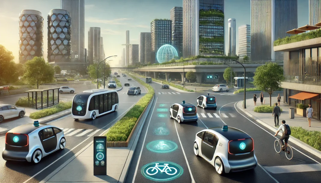 A futuristic city scene featuring autonomous vehicles as the future of personal commute.