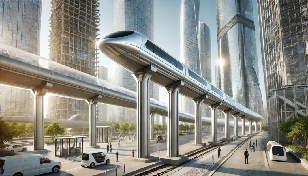 A futuristic Hyperloop transit system in a modern cityscape. The Hyperloop tube, a sleek metallic structure, runs above ground on tall, minimalistic p