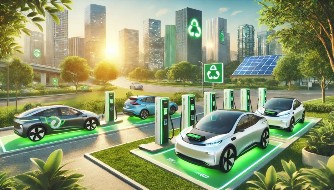 A vibrant scene showcasing electric and hybrid cars in a modern, eco-friendly city setting.