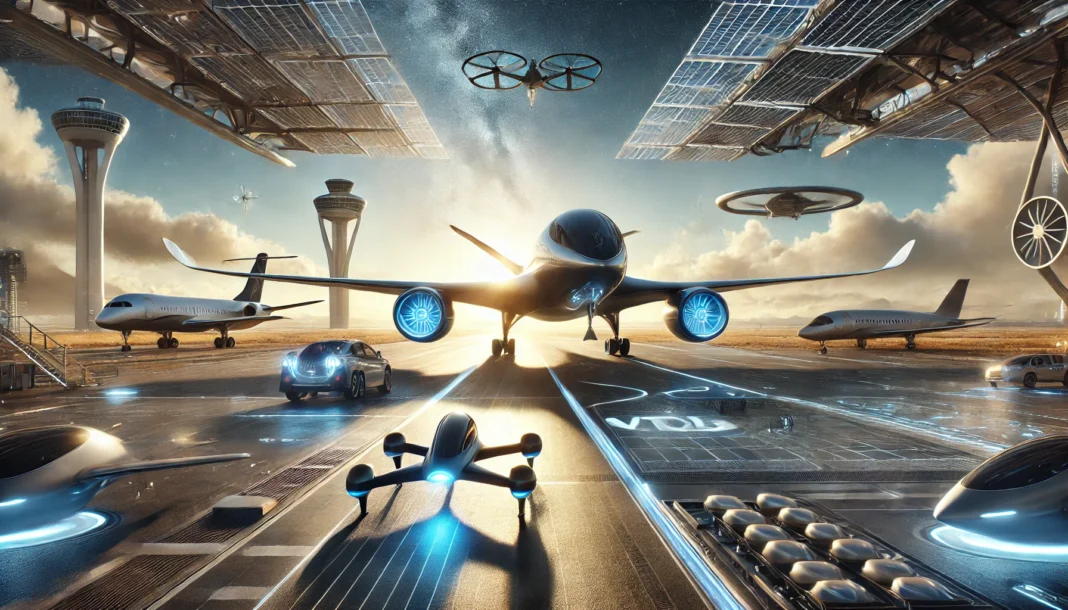 A futuristic scene showcasing new horizons in aviation technology, featuring advanced, eco-friendly aircraft designs.