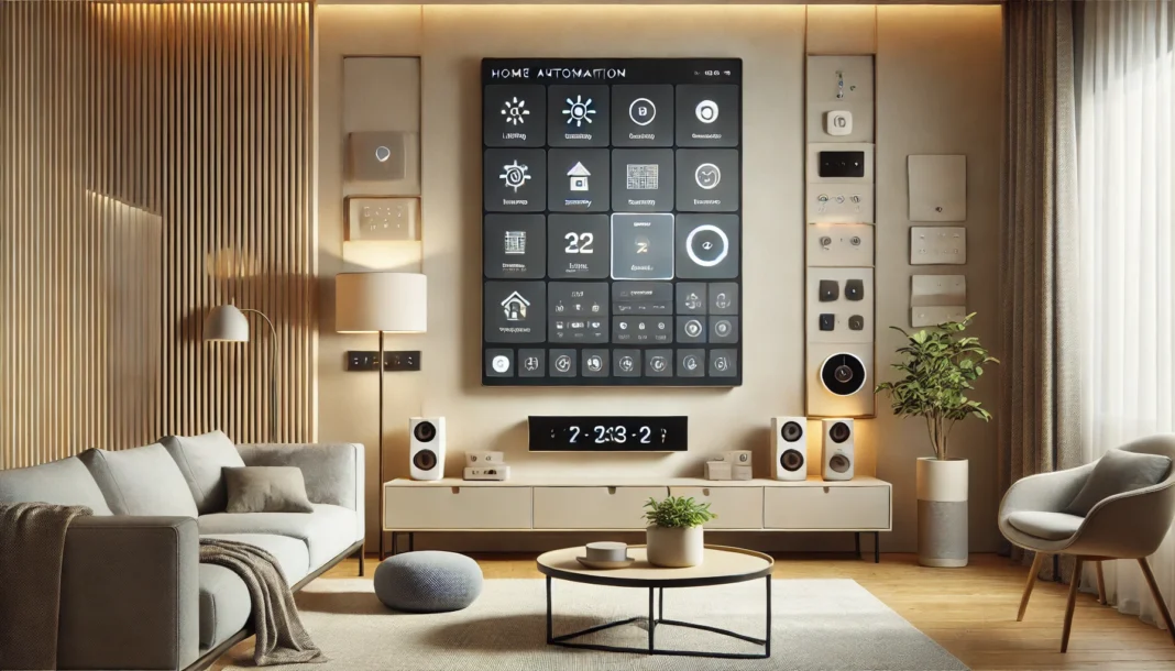 A modern home interior with a central home automation hub.