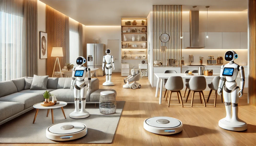 A futuristic home interior featuring domestic robots assisting with daily chores.