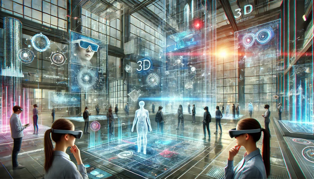 A futuristic scene illustrating augmented reality and mixed reality technologies in an immersive environment.