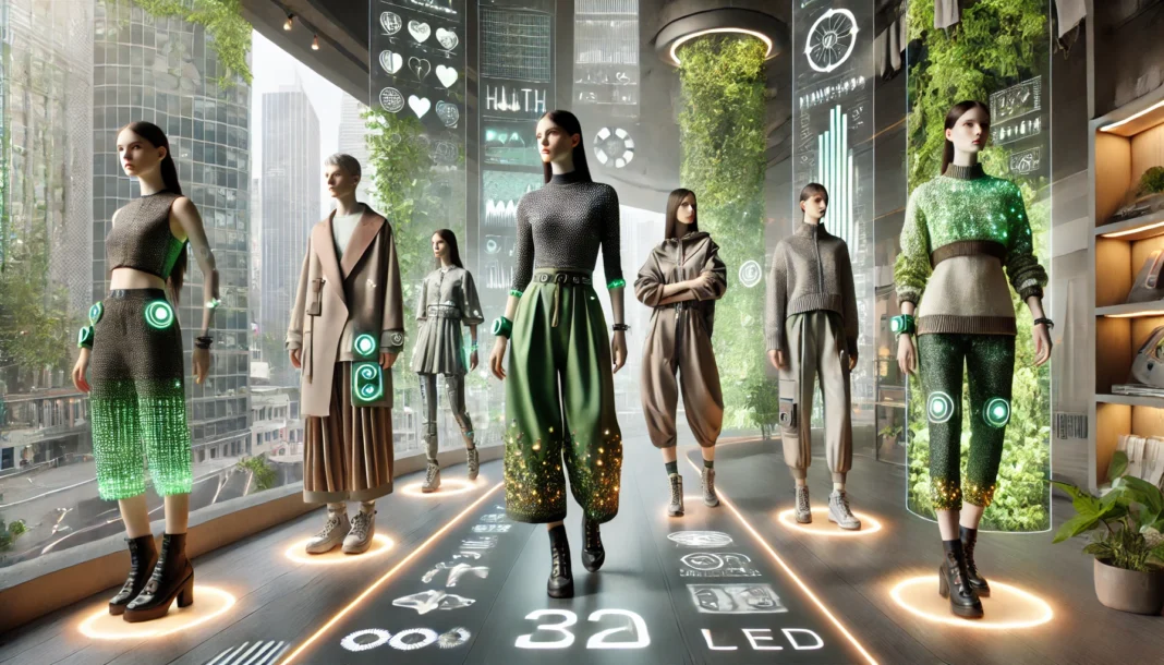 A futuristic widescreen image showcasing wearable fashion technology and sustainable trends.