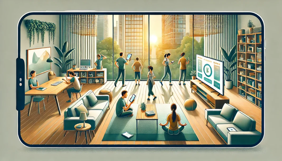 A widescreen image illustrating the concept of tech-life balance and digital wellness focused on managing screen time.