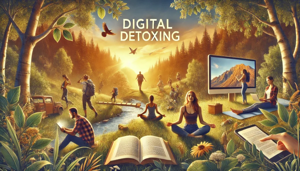 benefits of digital detoxing, showcasing relaxation and the peace of a tech-free experience in nature.