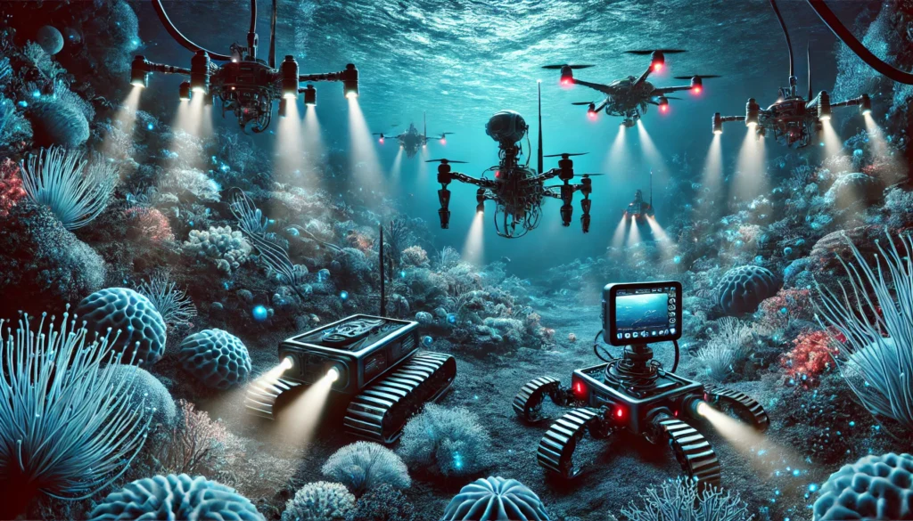 image of Remote-Operated Vehicles (ROVs) and autonomous underwater drones exploring the ocean depths, showcasing the advanced technology used in deep-sea research