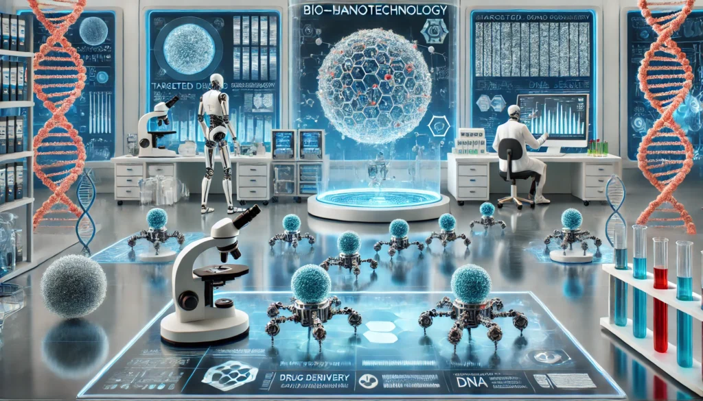 image representing nanoengineering in a high-tech lab setting, showing robotic nanobots interacting with biological cells for applications like targeted drug delivery and cellular repair.