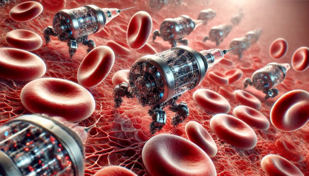 A close-up, futuristic scene depicting nanorobots in action within a biological environment.