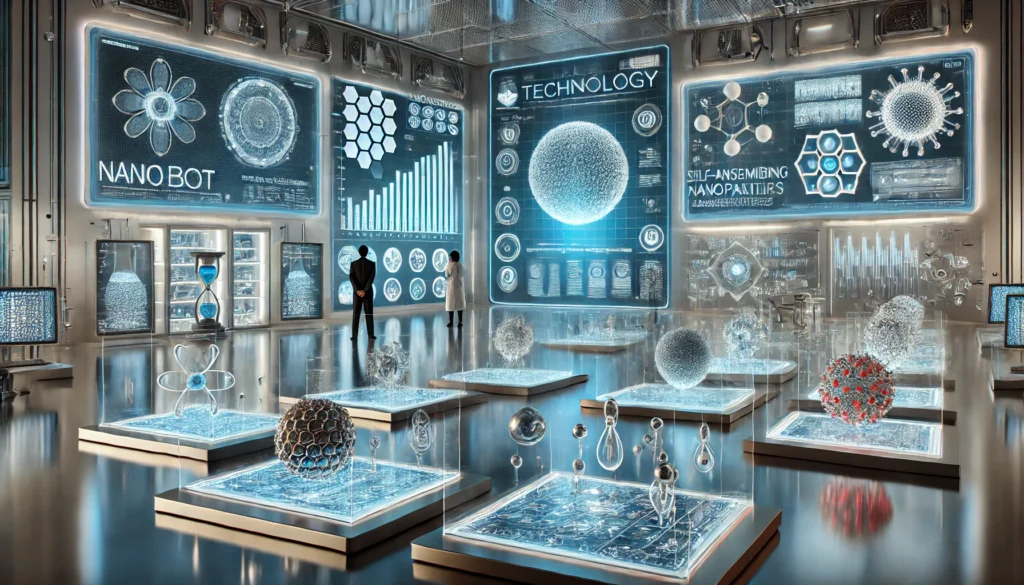 image portraying futuristic nano technology, with an advanced lab environment featuring microscopic nanobots, nano-enhanced devices, and self-assembling materials, symbolizing future innovation in nanotechnology.