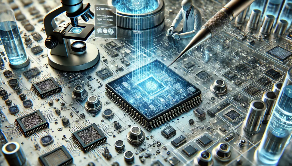 image depicting futuristic nano chip technology, highlighting ultra-small chips with intricate nanoscale circuits in a high-tech lab setting, designed for advanced computing and medical uses.