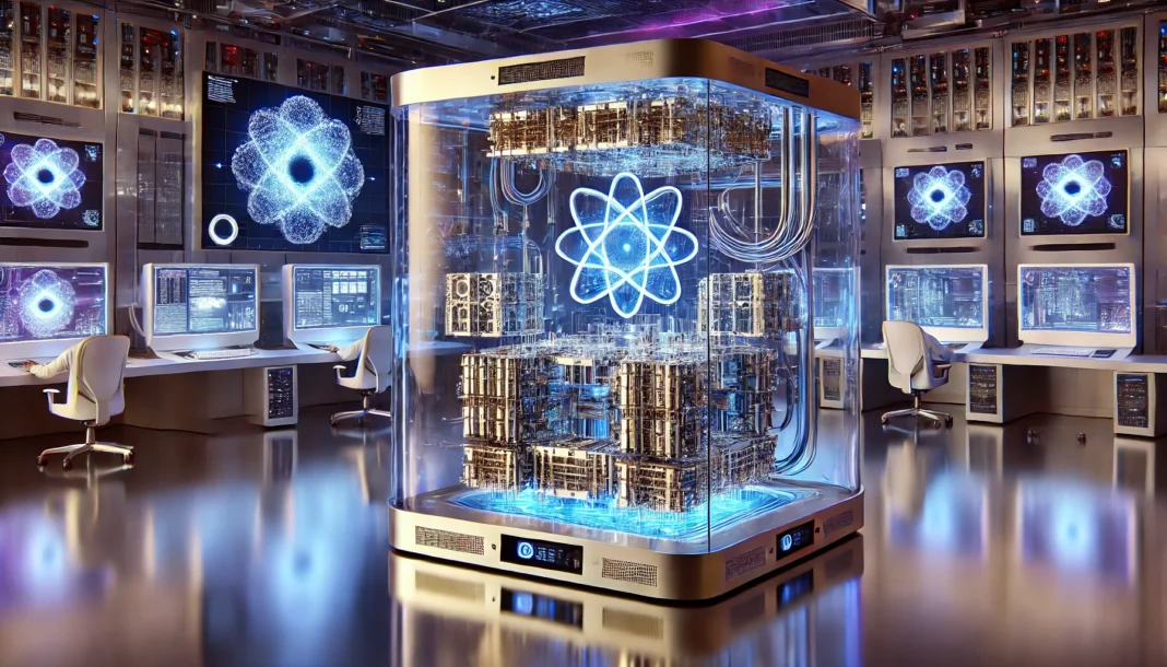 A futuristic widescreen scene showcasing a quantum computing lab.