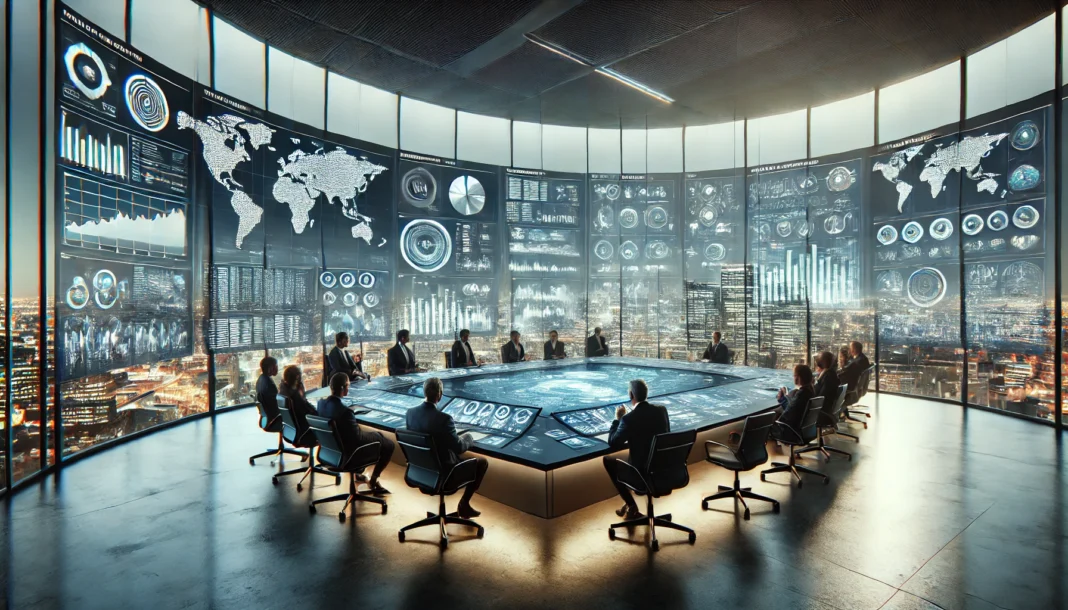 A visually engaging, wide-aspect image showing a futuristic boardroom with executives and analysts reviewing.