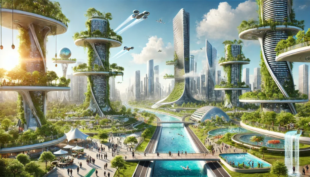 A futuristic utopian cityscape with clean energy skyscrapers, lush vertical gardens, and seamless integration of nature and technology.