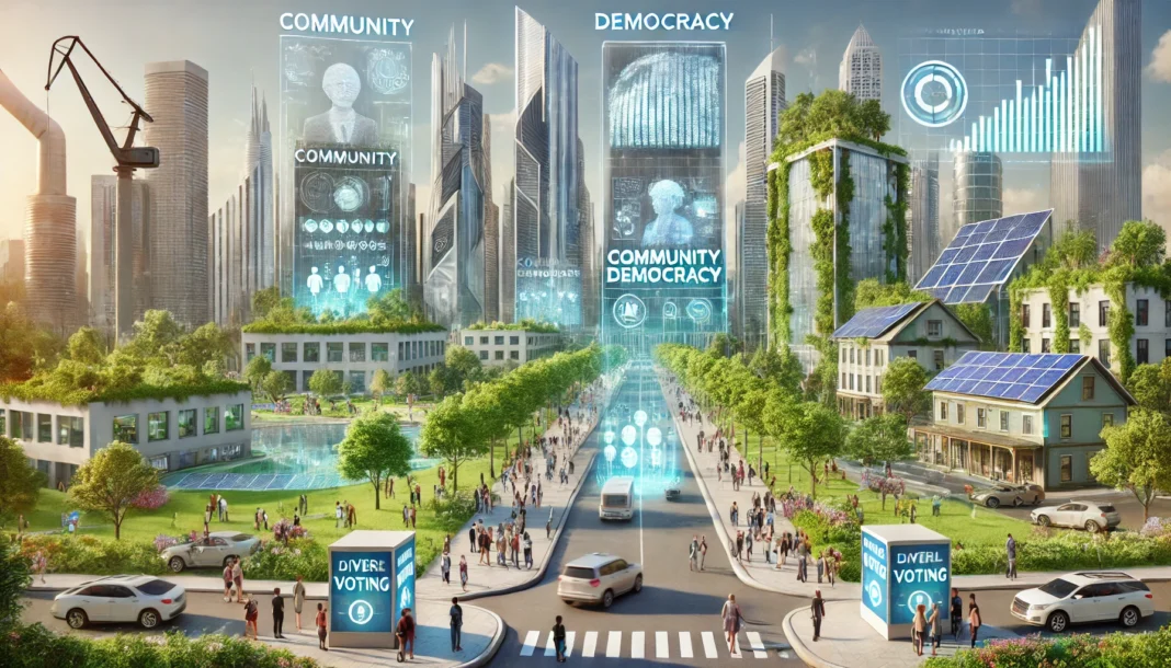 A futuristic cityscape symbolizing the evolution of democracies, set in the near future.