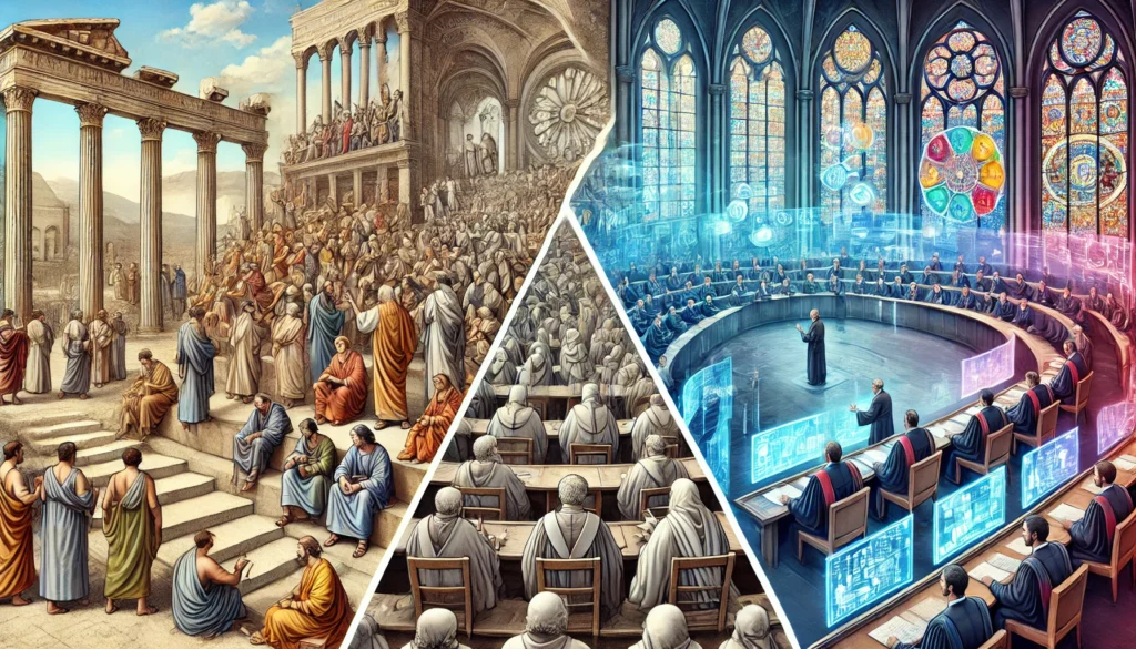 the evolution of democracy, from past to future, ancient Greece to a futuristic representation. Each section illustrates the changing forms of citizen engagement and decision-making processes across different eras