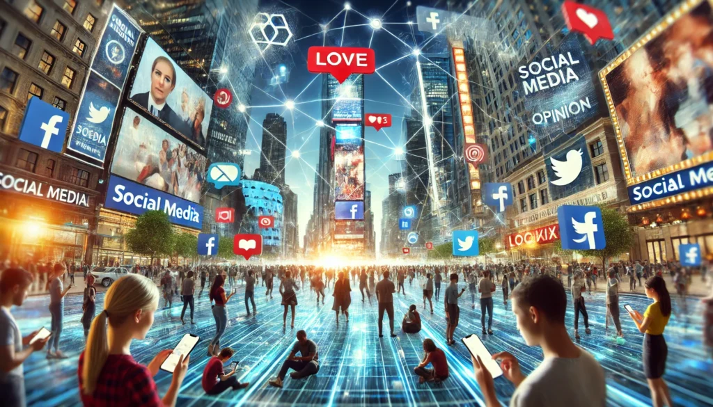 social media's influence on public opinion, with a visual emphasis on digital connectivity and the flow of information in a bustling, tech-driven environment.