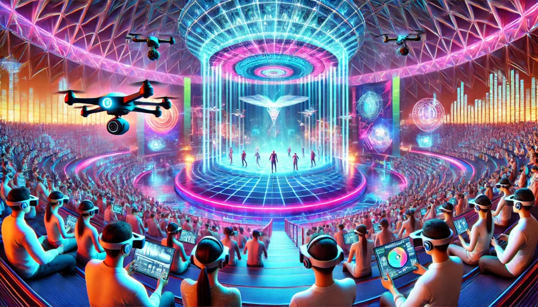 A vibrant and futuristic entertainment scene featuring holographic performers in a large, dome-shaped venue.