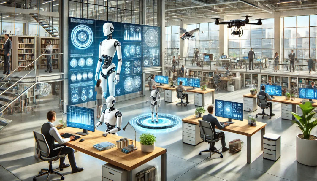 A futuristic office environment showcasing the integration of automation and artificial intelligence in the workforce.